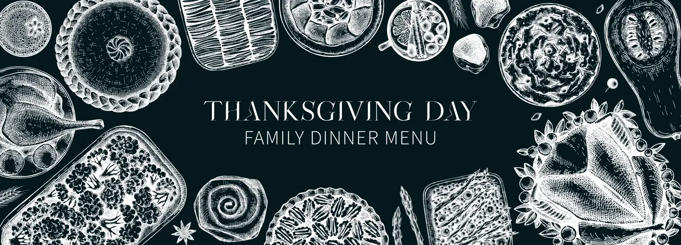 Thanksgiving dinner banner on chalkboard. Traditional fall food and drinks frame. Sketched roasted turkey, cooked vegetables, baked goods, desserts sketches. Thanksgiving background design. Illustration